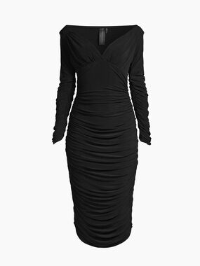 Norma Kamali Black Ruched Long-Sleeve V-Neck Midi Dress